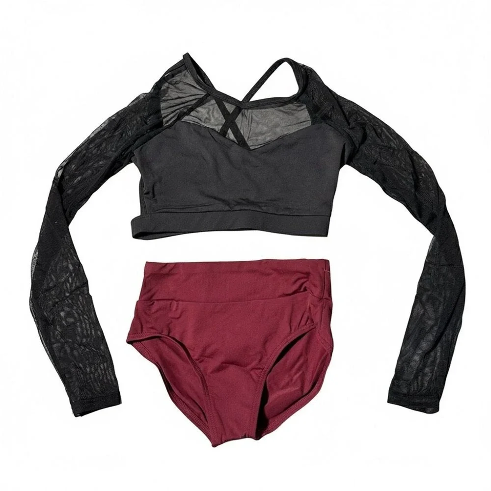 Baltogs Elegant 2 piece Kids Dance Costume in Black and Burgundy CM NEW